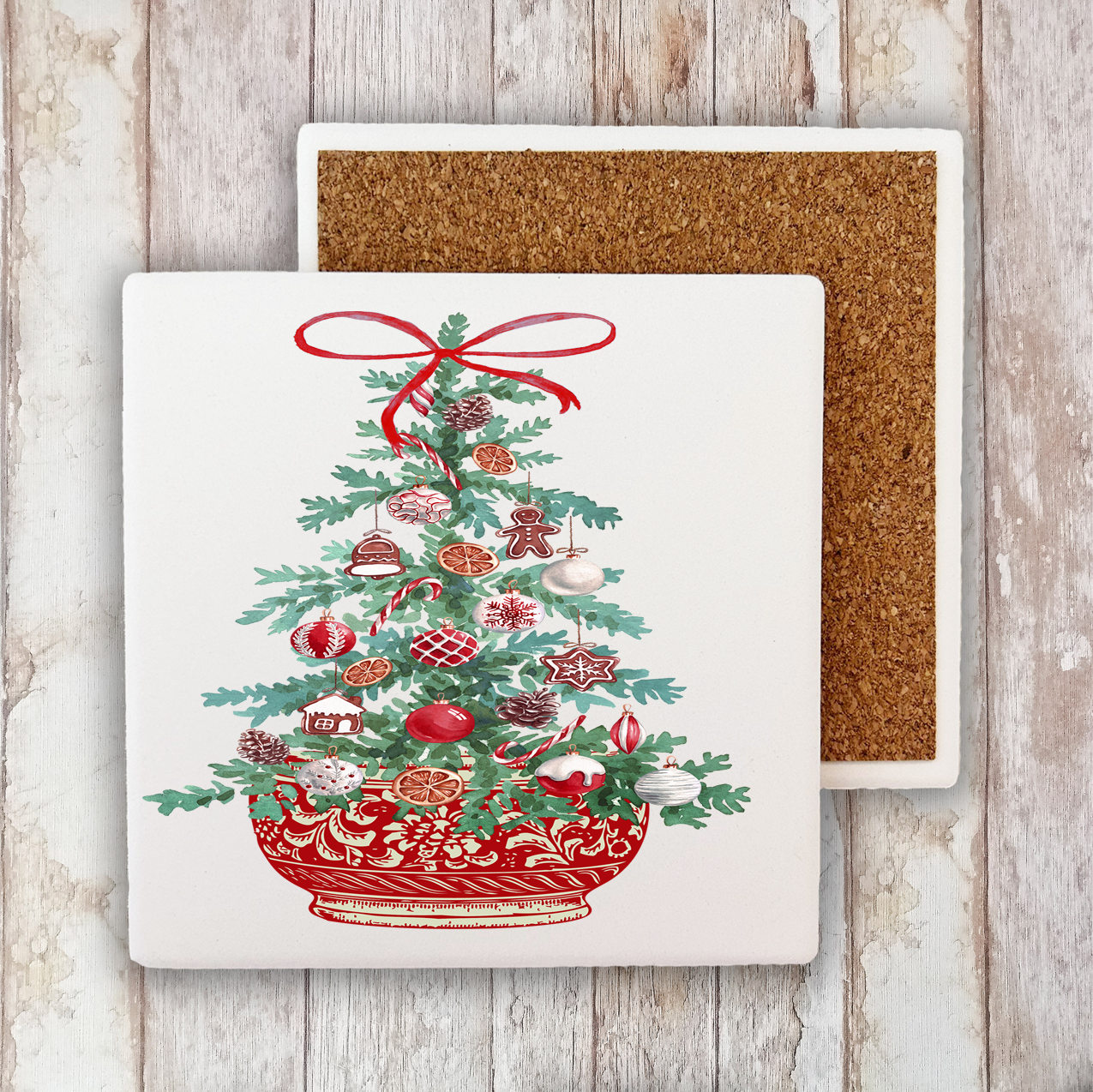 Christmas Chinoiserie Christmas Tree Stone Coaster (Set of 2)