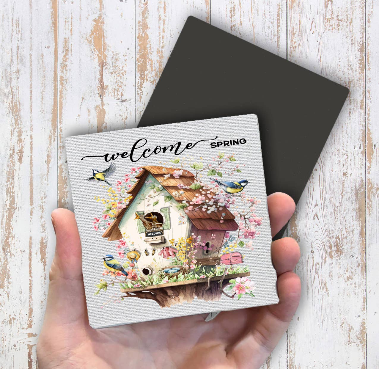 Welcome Spring Bird House Flowers Magnet Fridge - Sets of 2