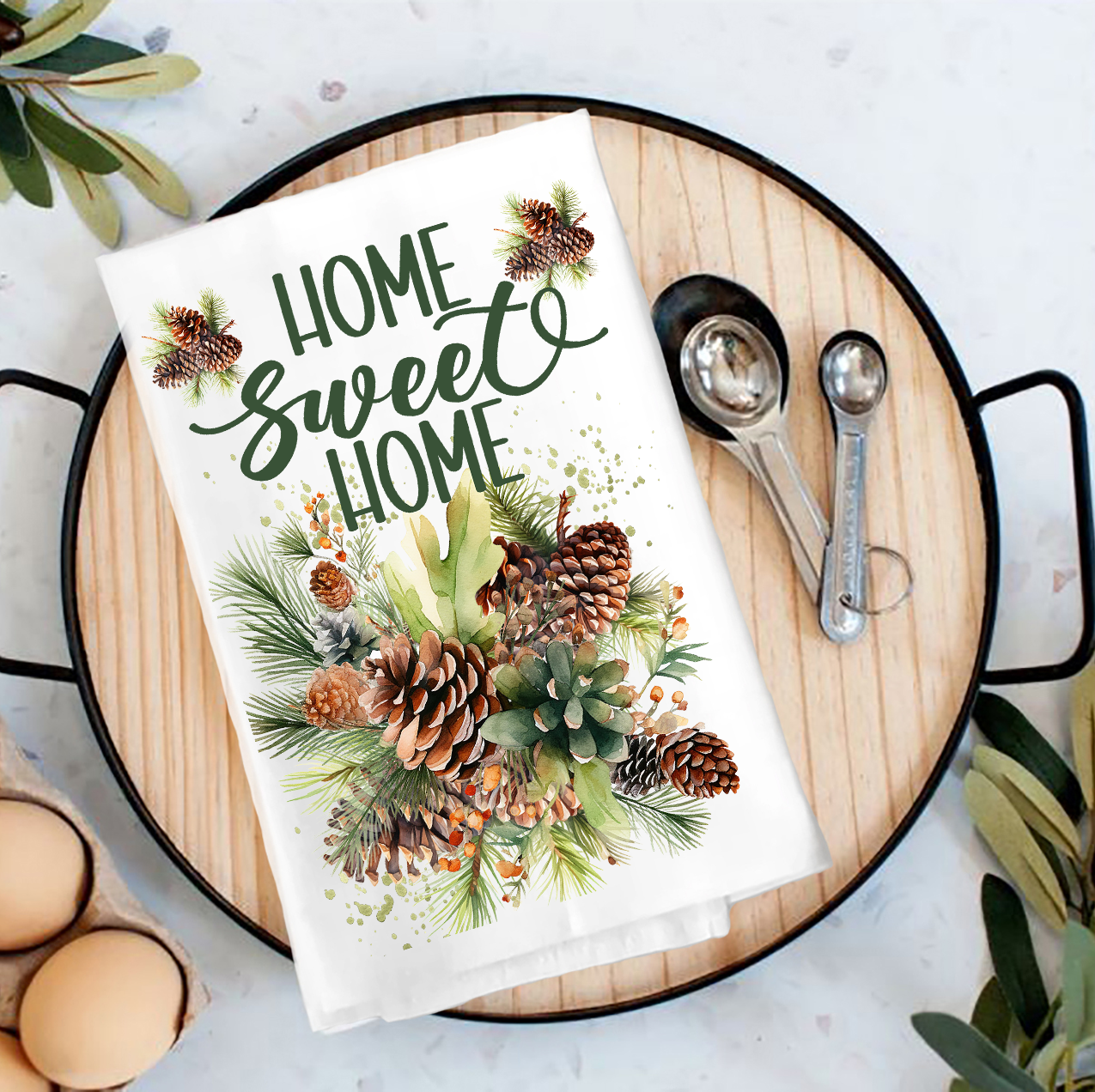 Home Sweet Home Bucket Pine Cones Tea Towel