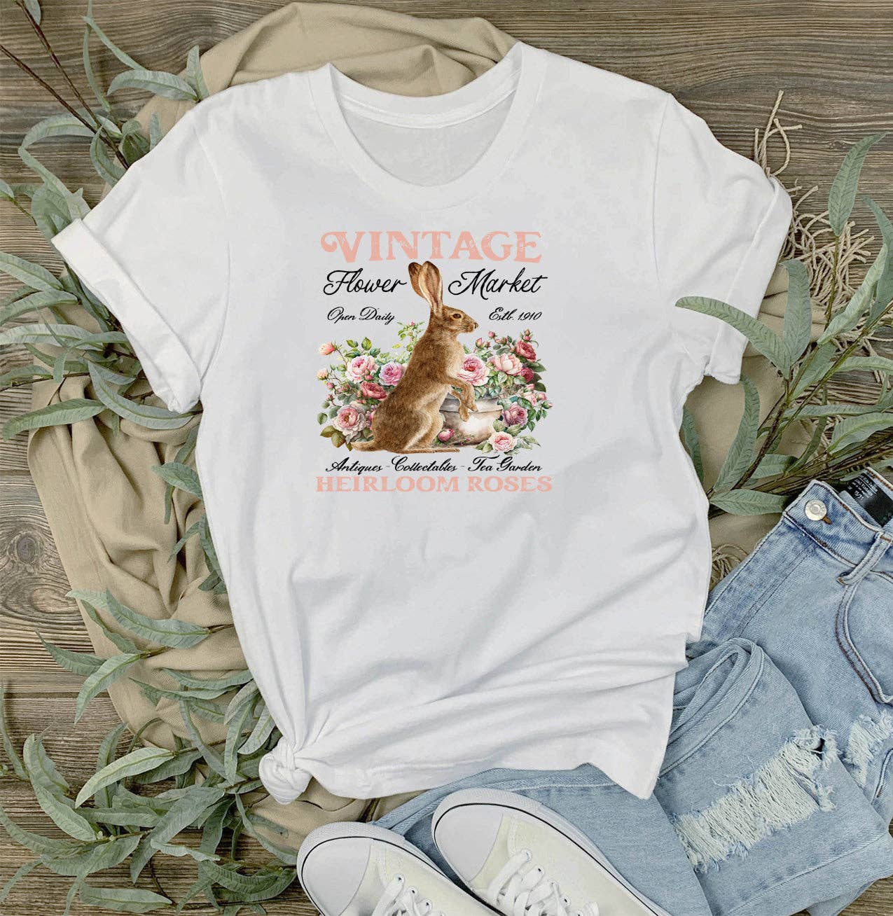 Vintage Easter Bunny Heirloom Roses T-Shirt
