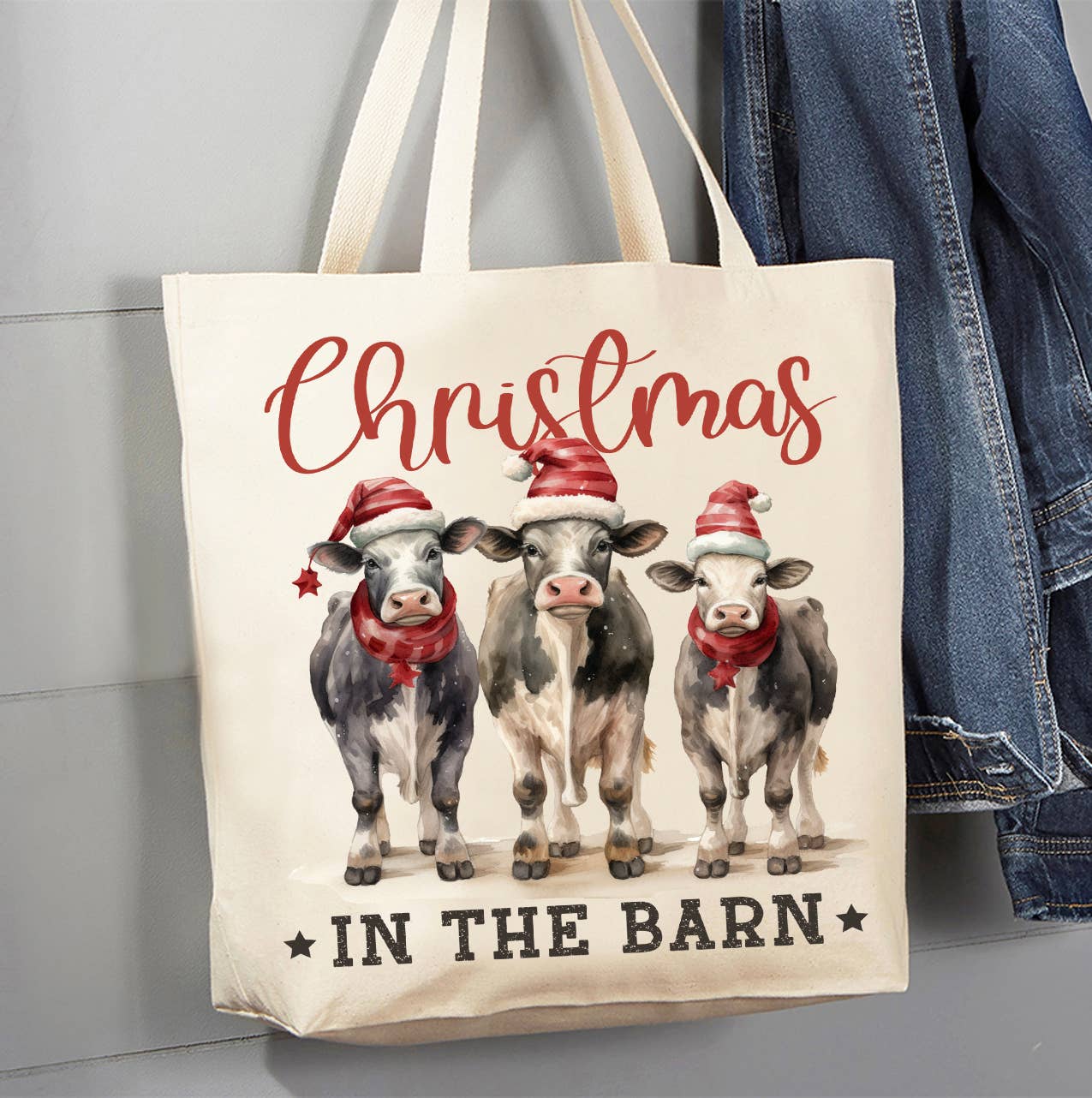 Christmas in the Barn Cows Canvas Tote Bag