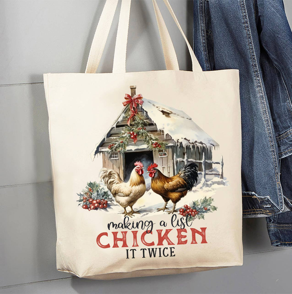 Christmas Making a List Chicken Canvas Tote Bag