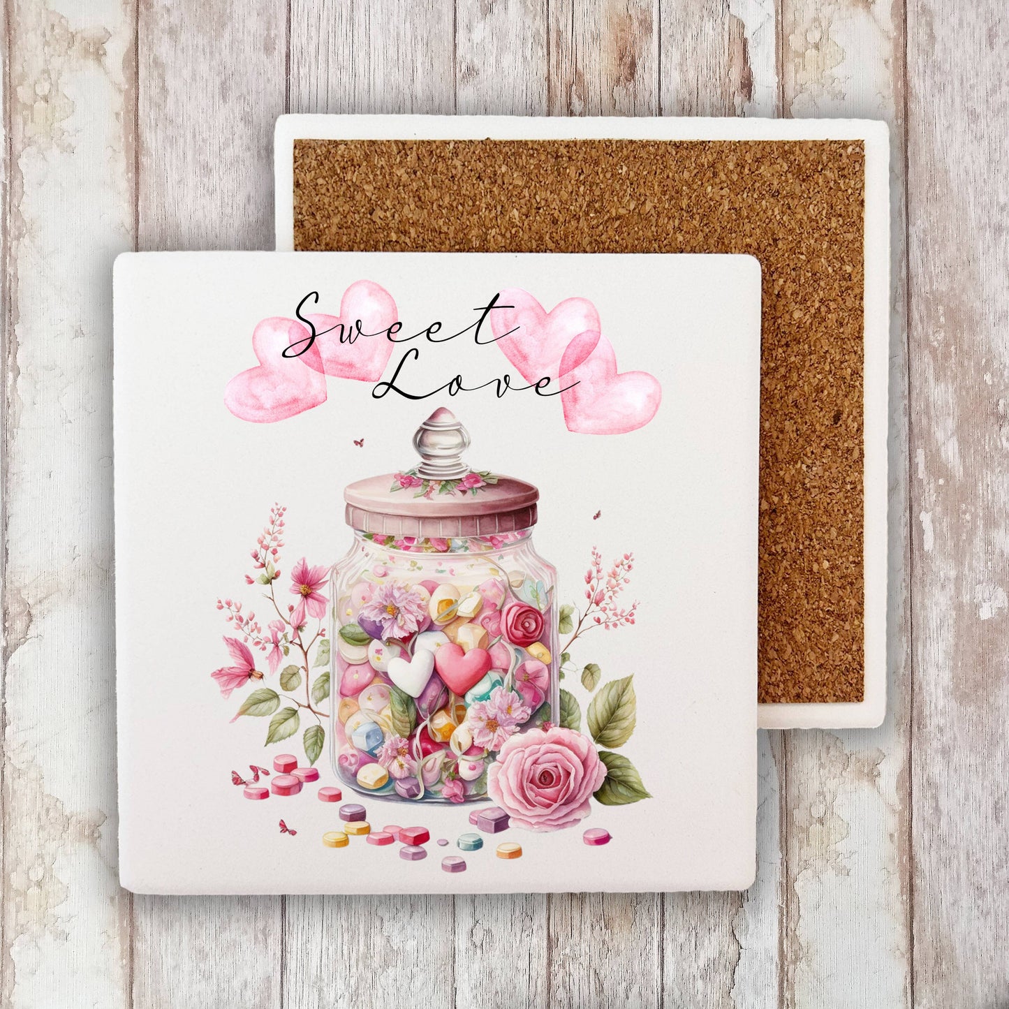 Valentine Candy Jar Sweet Love Heart Stone Coaster