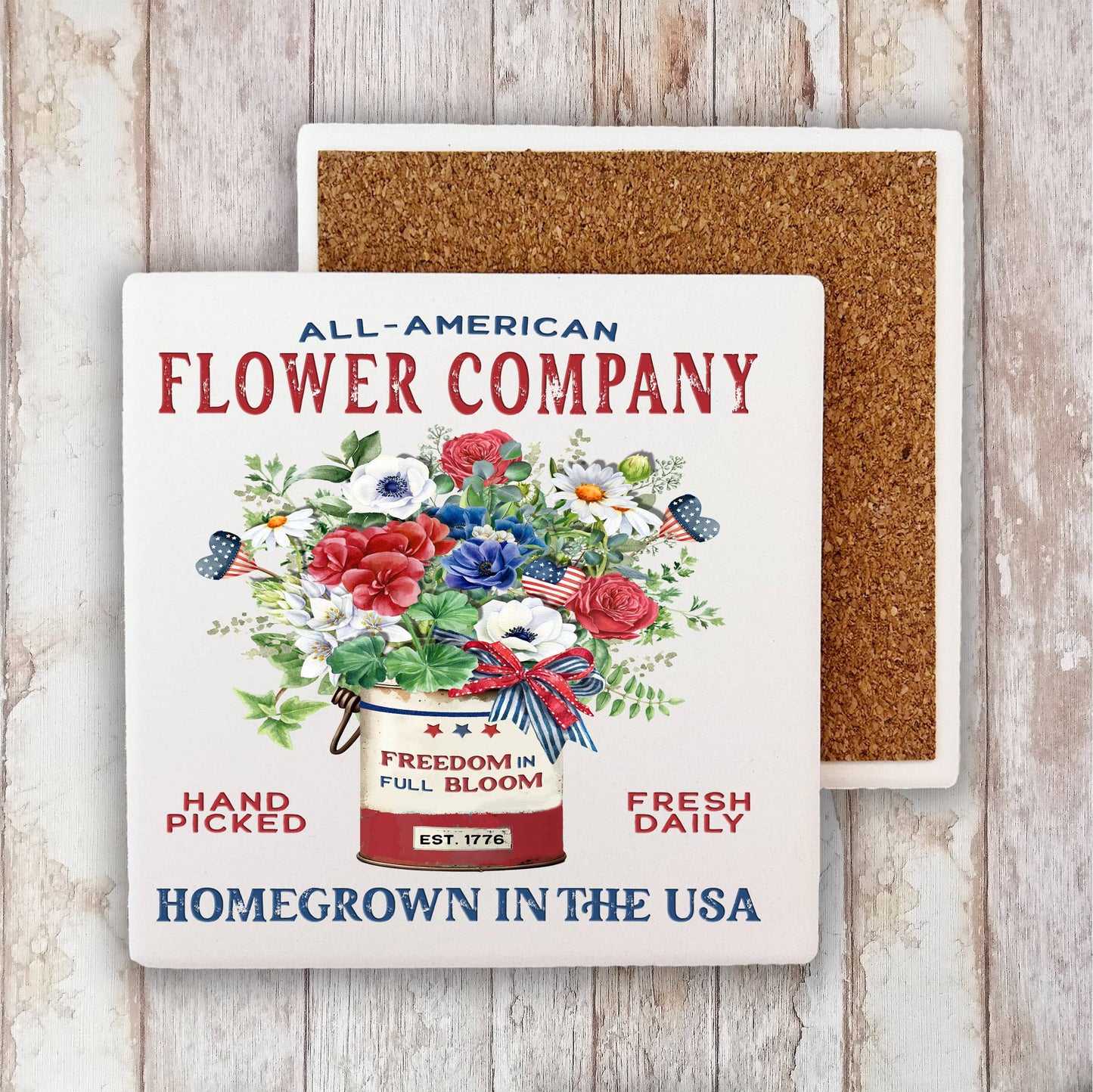 Farmhouse 4th of July Patriotic Flowers Stone Coaster-Set of 2