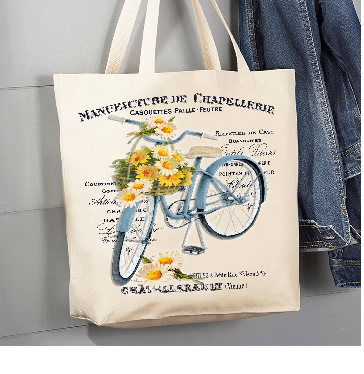 Vintage French Daisy Bicycle Shabby Chic Canvas Tote Bag