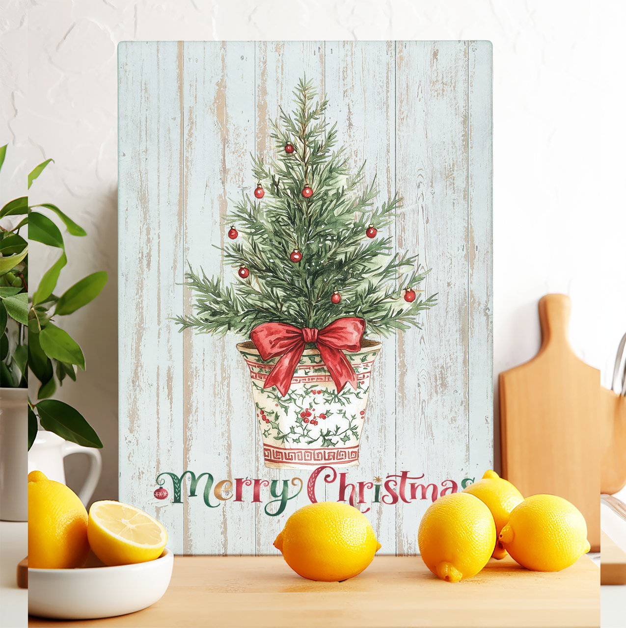 Glass Cutting Board Christmas Watercolor Toile Tree