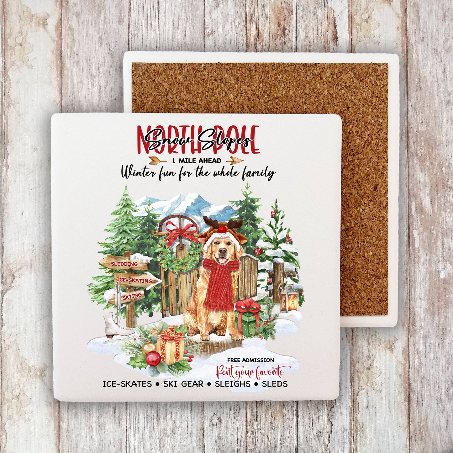 Christmas North Pole Slopes Dog Lover Stone Coaster
