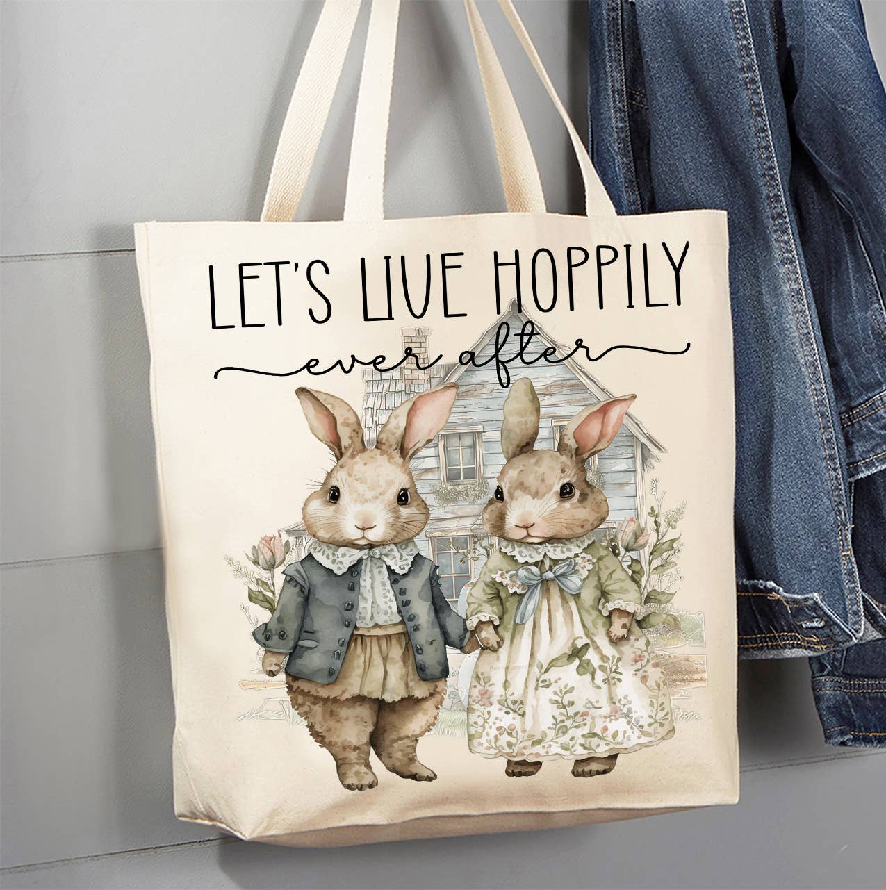 Let's Live Hoppily Ever after Easter Bunny Canvas Tote Bag