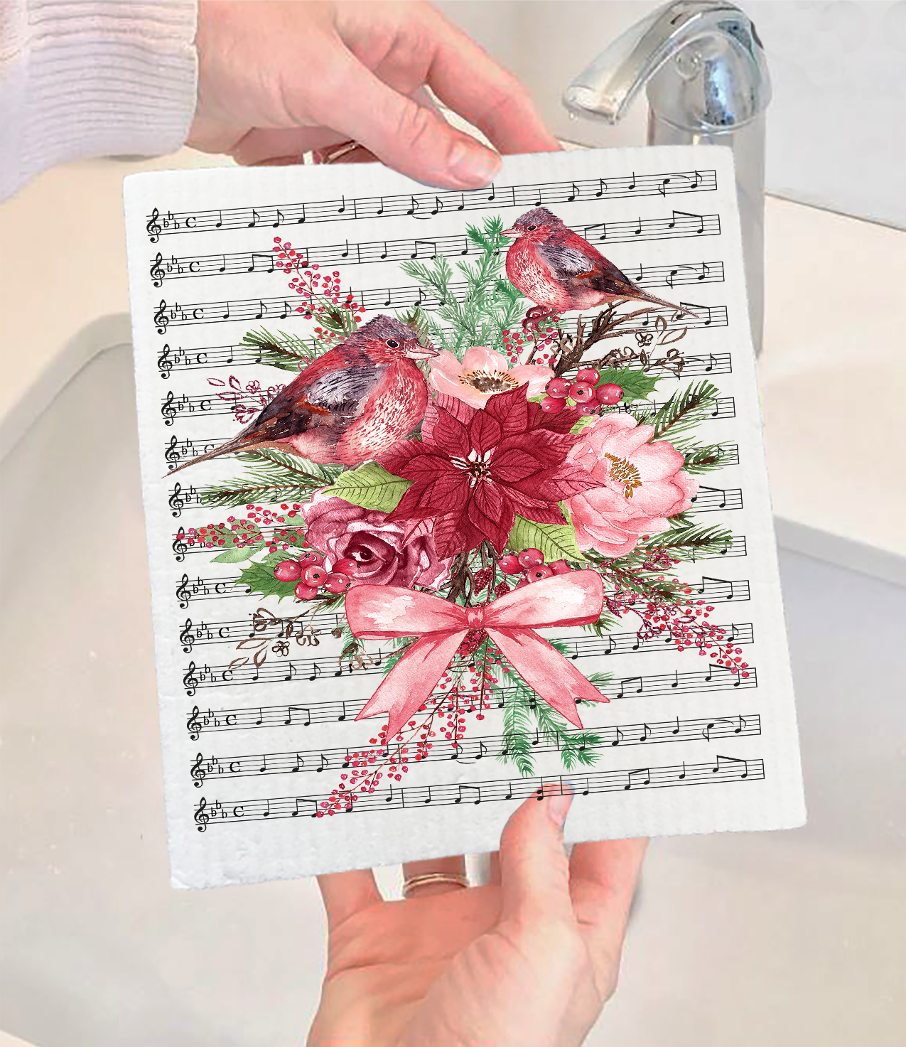 Christmas Red Cardinals Musical Notes Swedish Discloth (Set of 2)