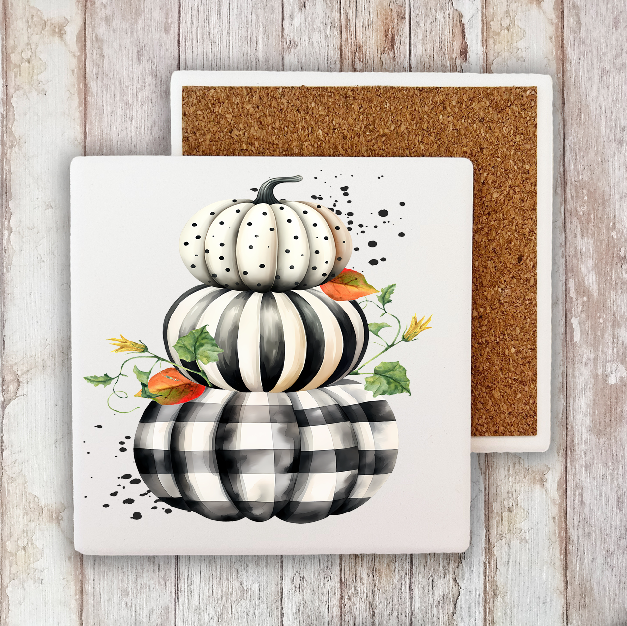 Fall Black and White Checkered Pumpkins Stone Coaster (Set of 2)