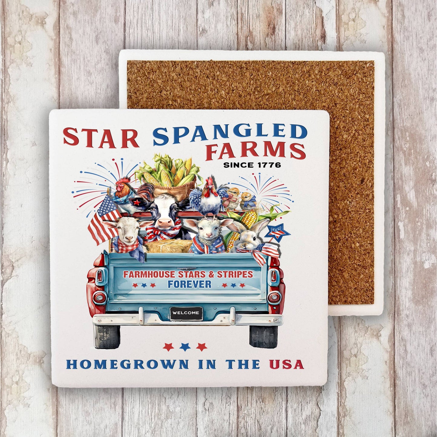 Country 4th of July Patriotic Farm Animals Stone Coaster-Set of 2