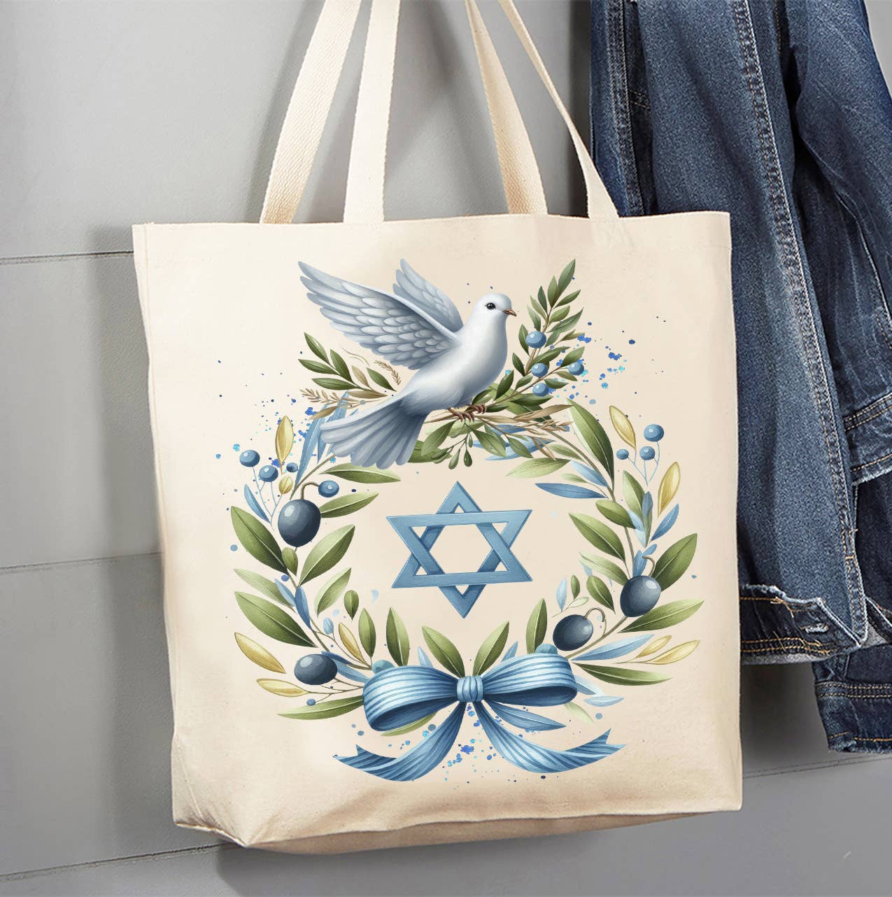 Hanukkah Olive Branch Dove Canvas Tote Bag