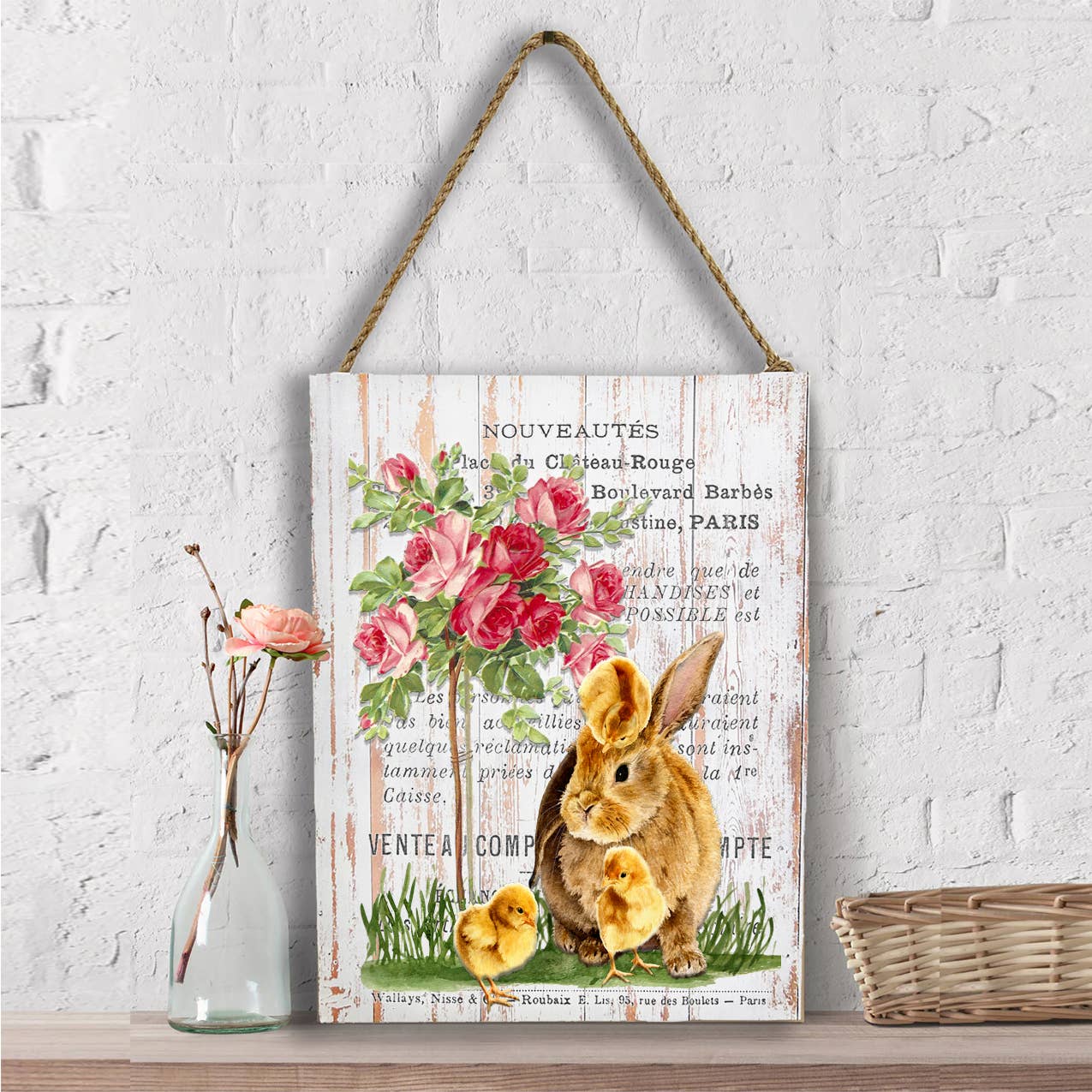 Vintage French Bunny Chicks Roses Wall Decor