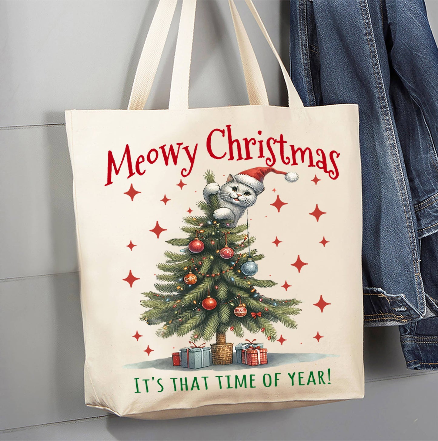 Meowy Christmas Cat Attaching Tree Canvas Tote Bag