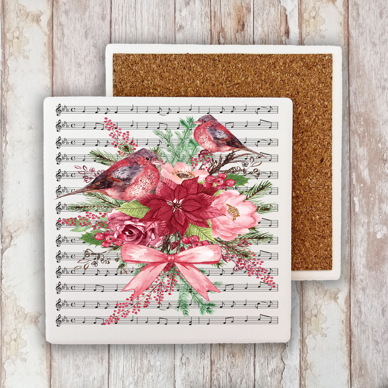 Christmas Red Cardinals Musical Notes Stone Coaster (Set of 2)