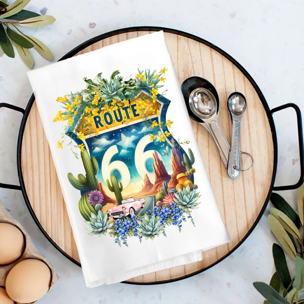 Route 66 Sign Succulents Tea Towel