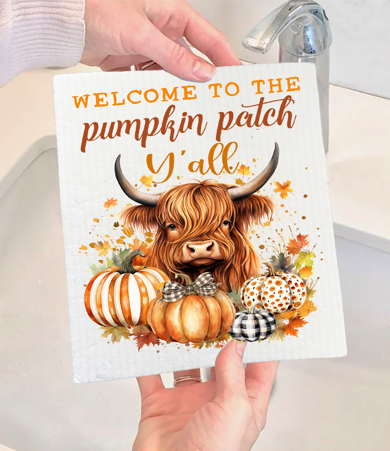 Fall Highland Cow Y'All Pumpkins Swedish Dishcloth (Set of 2)