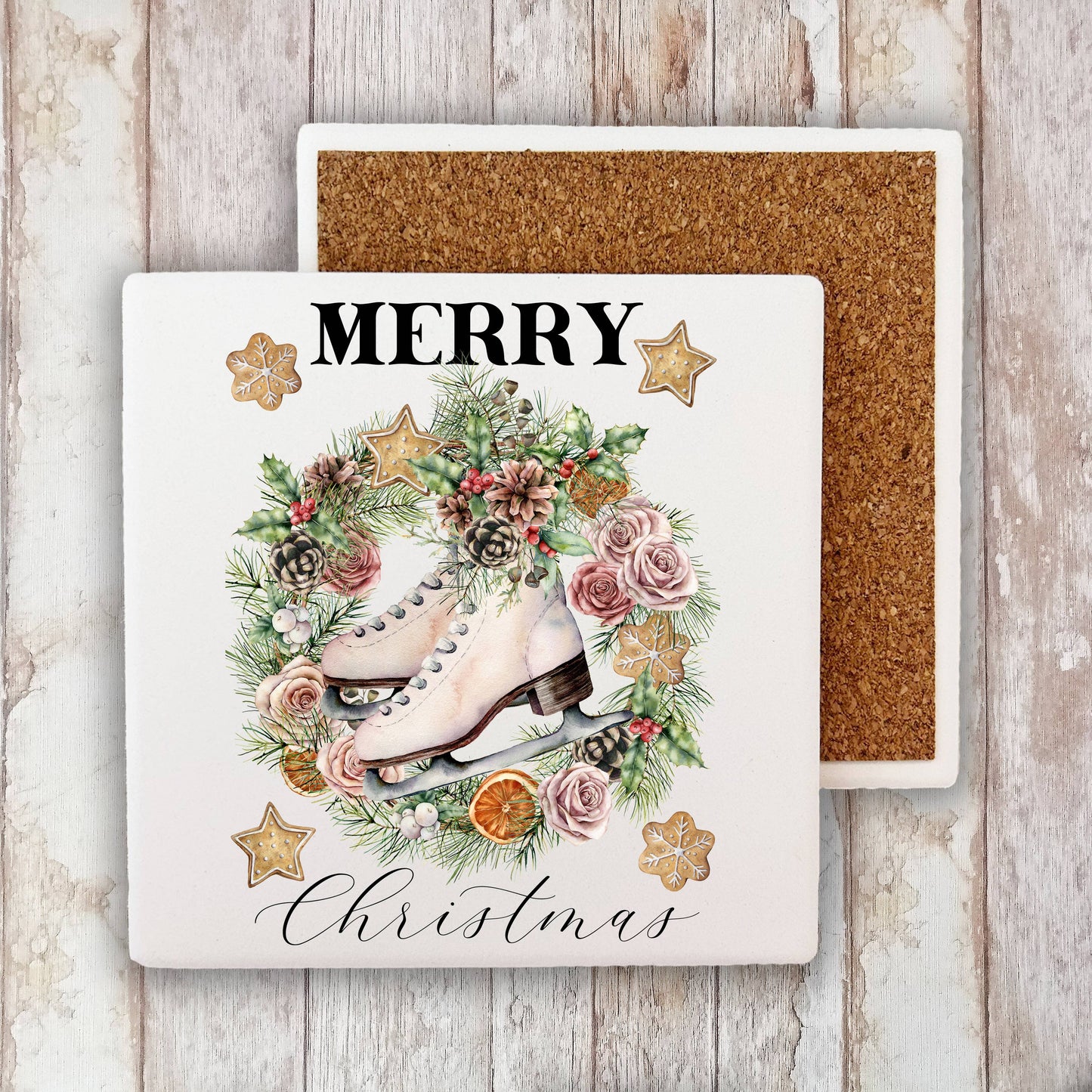 Merry Christmas Ice Skating Wreath Stone Coaster