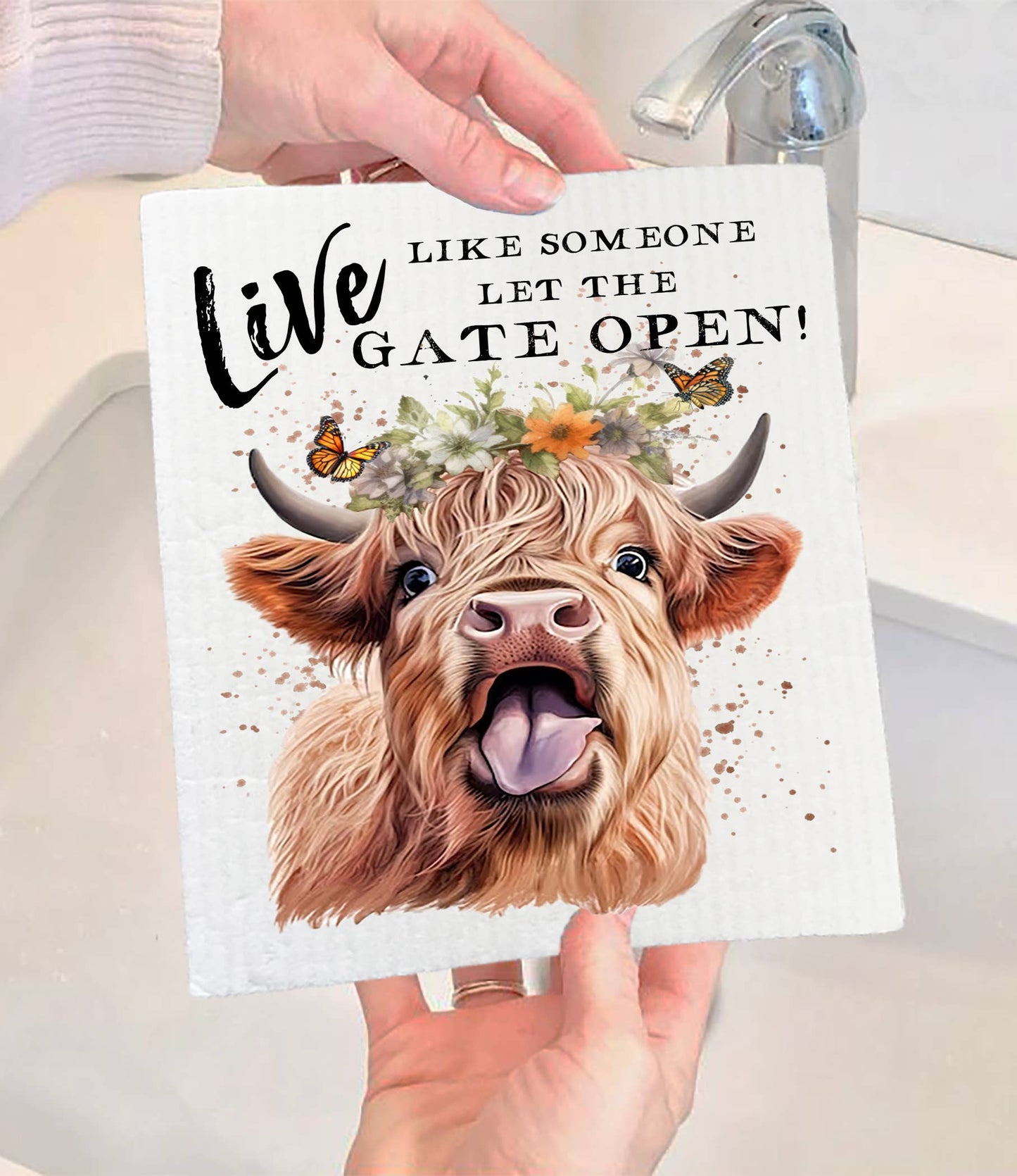 Set of 2 - Highland Cow Life Life Gate Open SWEDISH DISH CLOTH