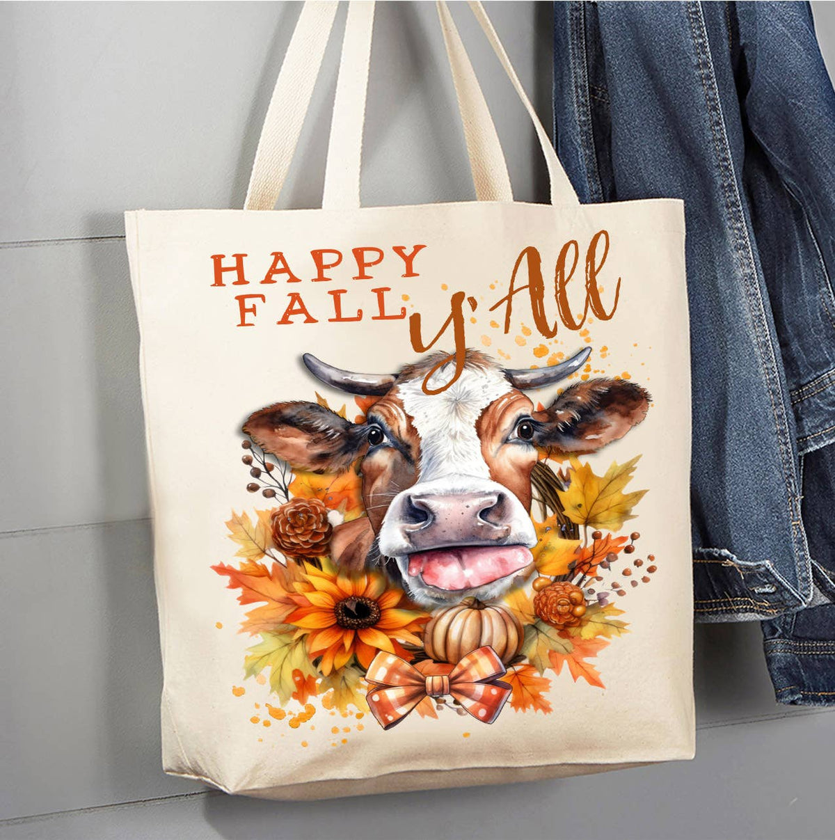 Autumn Happy Fall Y'All Cow Canvas Tote Bag