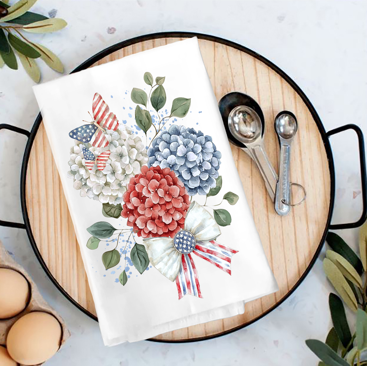Patriotic Hydrangea Butterfly Tea Towel
