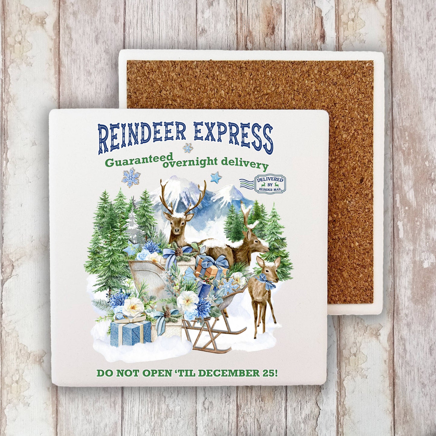 Christmas Blue Reindeer Express Stone Coaster