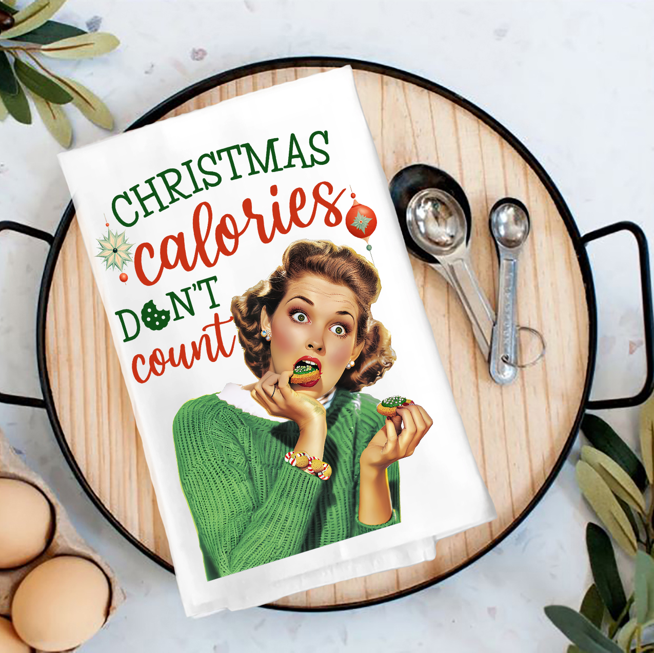 Christmas Funny Calories Don't Count Tea Towel