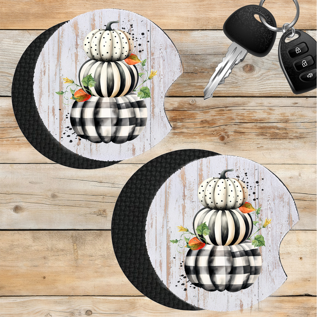 Car Coaster Fall Black and White Checkered Pumpkins
