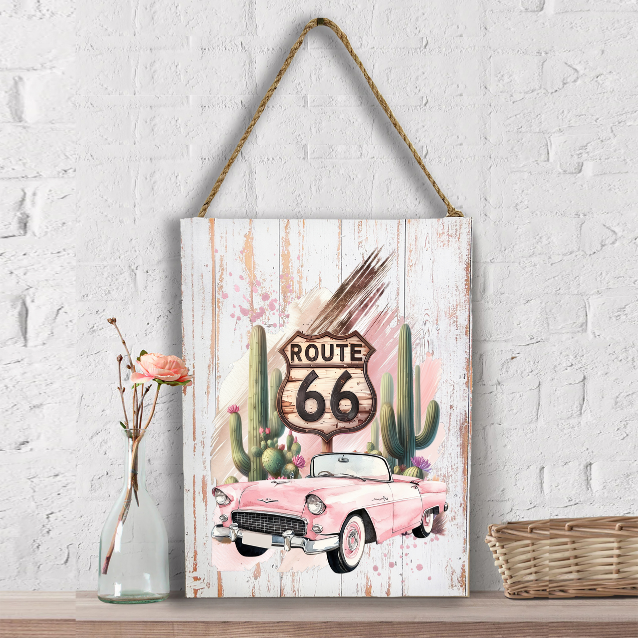 Route 66 Pink Vintage Car Wall Decor