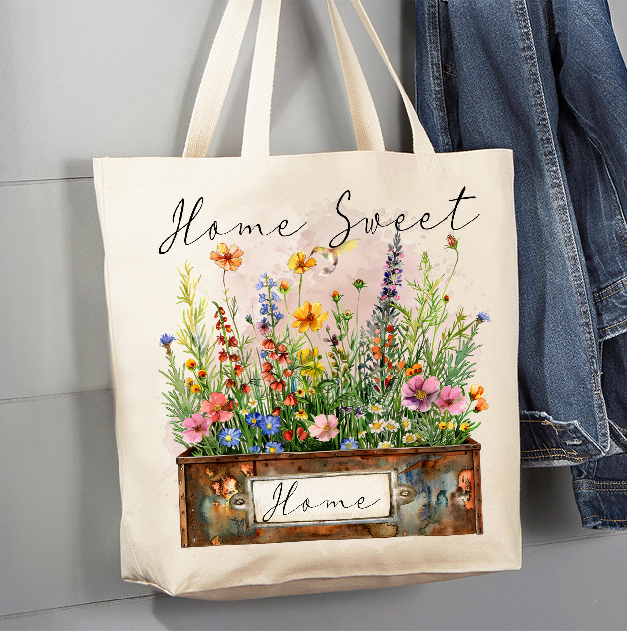 Home Sweet Home Country Field Flowers Canvas Tote Bag