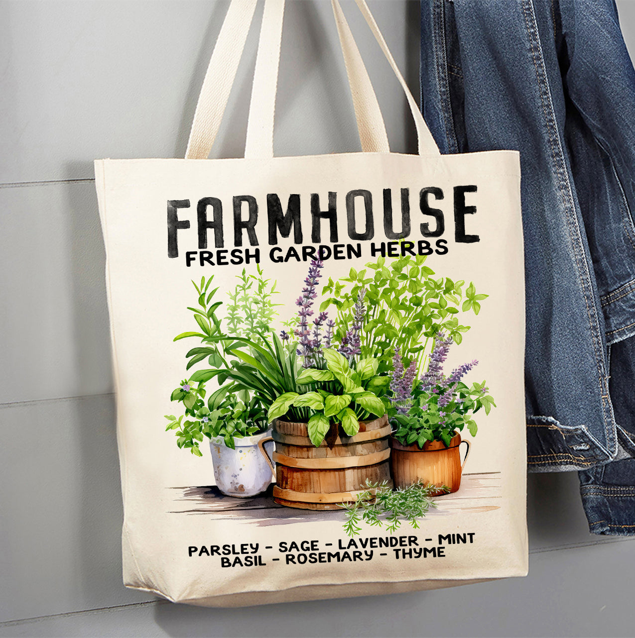 Farmhouse Fresh Herbs Basil, Thyme Canvas Tote Bag