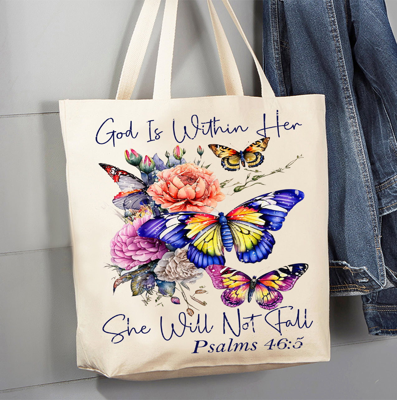 She Will Not Fall Butterfly Spiritual Canvas Tote Bag
