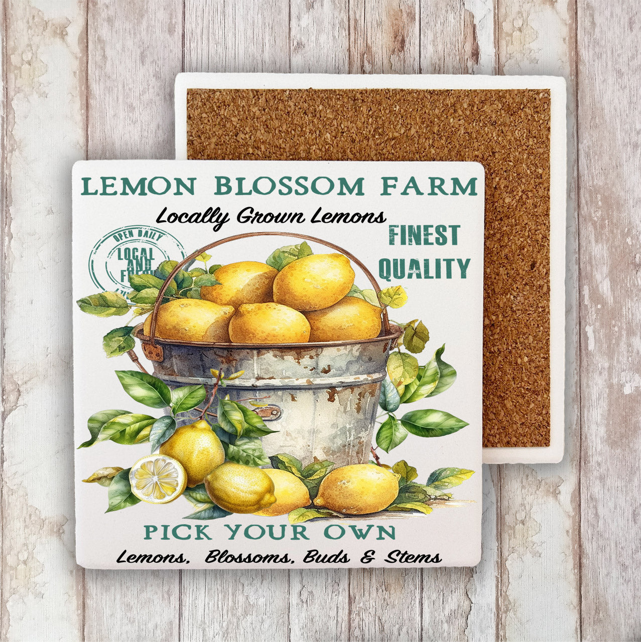 Bucket of Lemon Blossom Farm Stone Coaster (Set of 2)