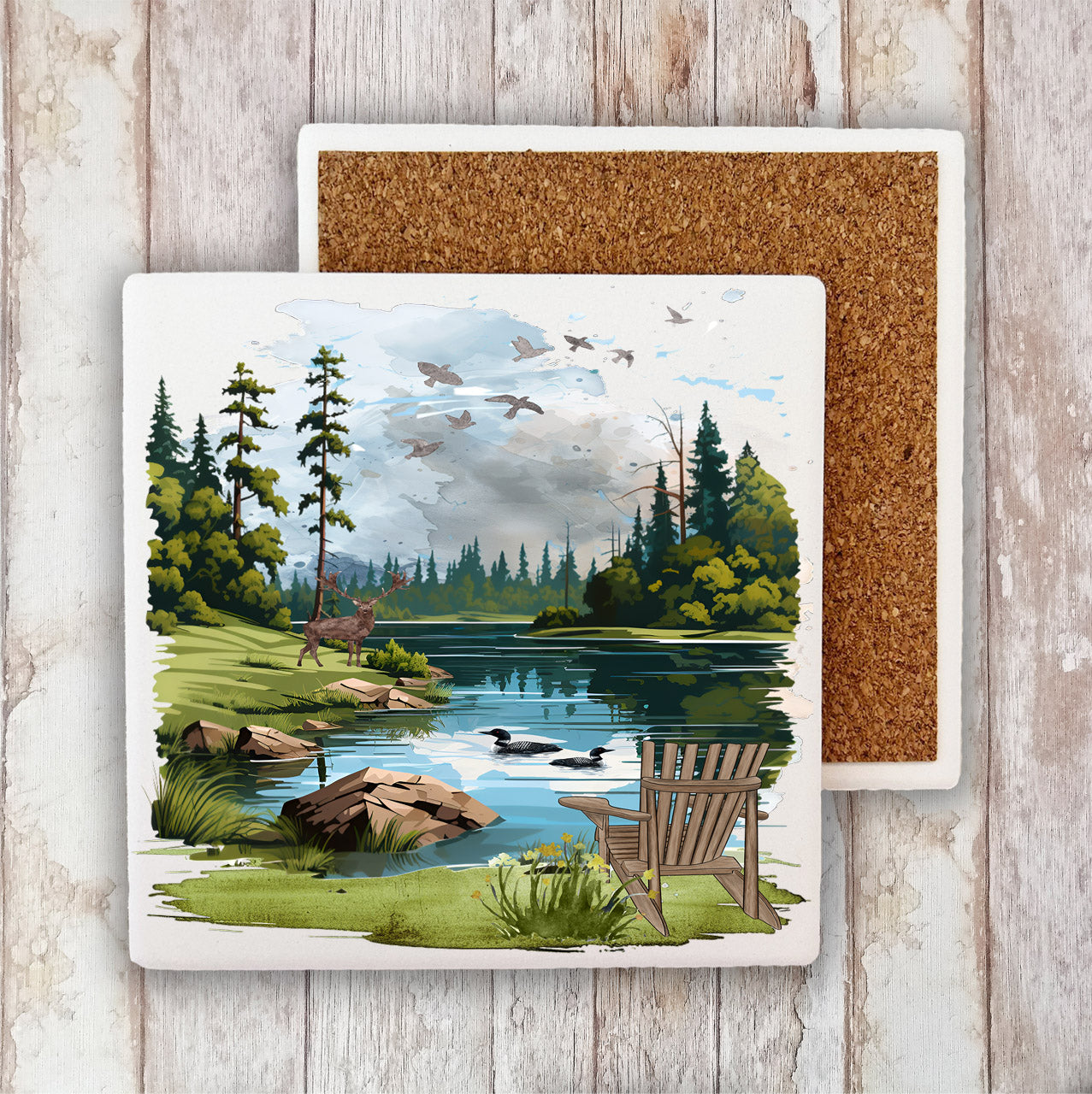 Adirondack Chair Lake Forest Stone Coaster (Set of 2)