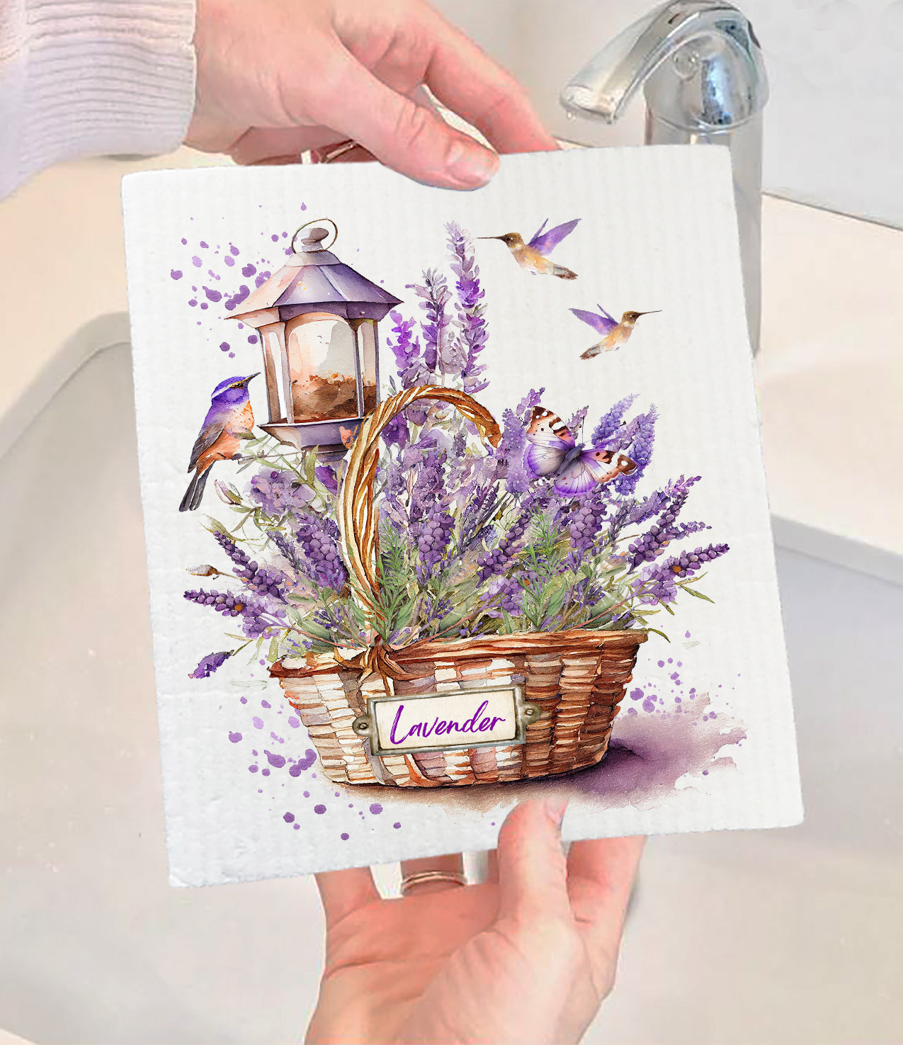 Basket of Lavender Humming Birds Swedish Dishcloth (Set of 2)