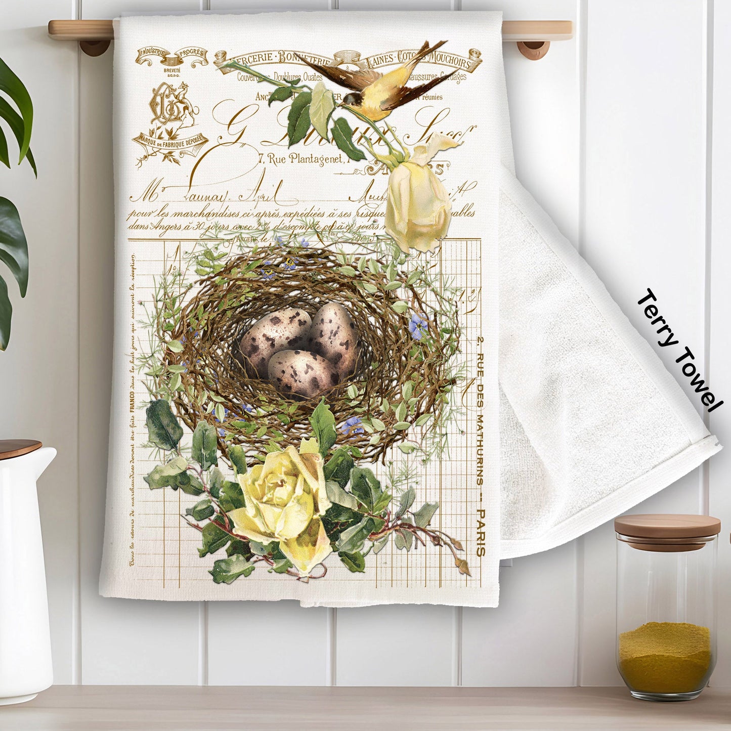 Vintage Shabby Chic Birds Nest Roses Kitchen Terry Towel