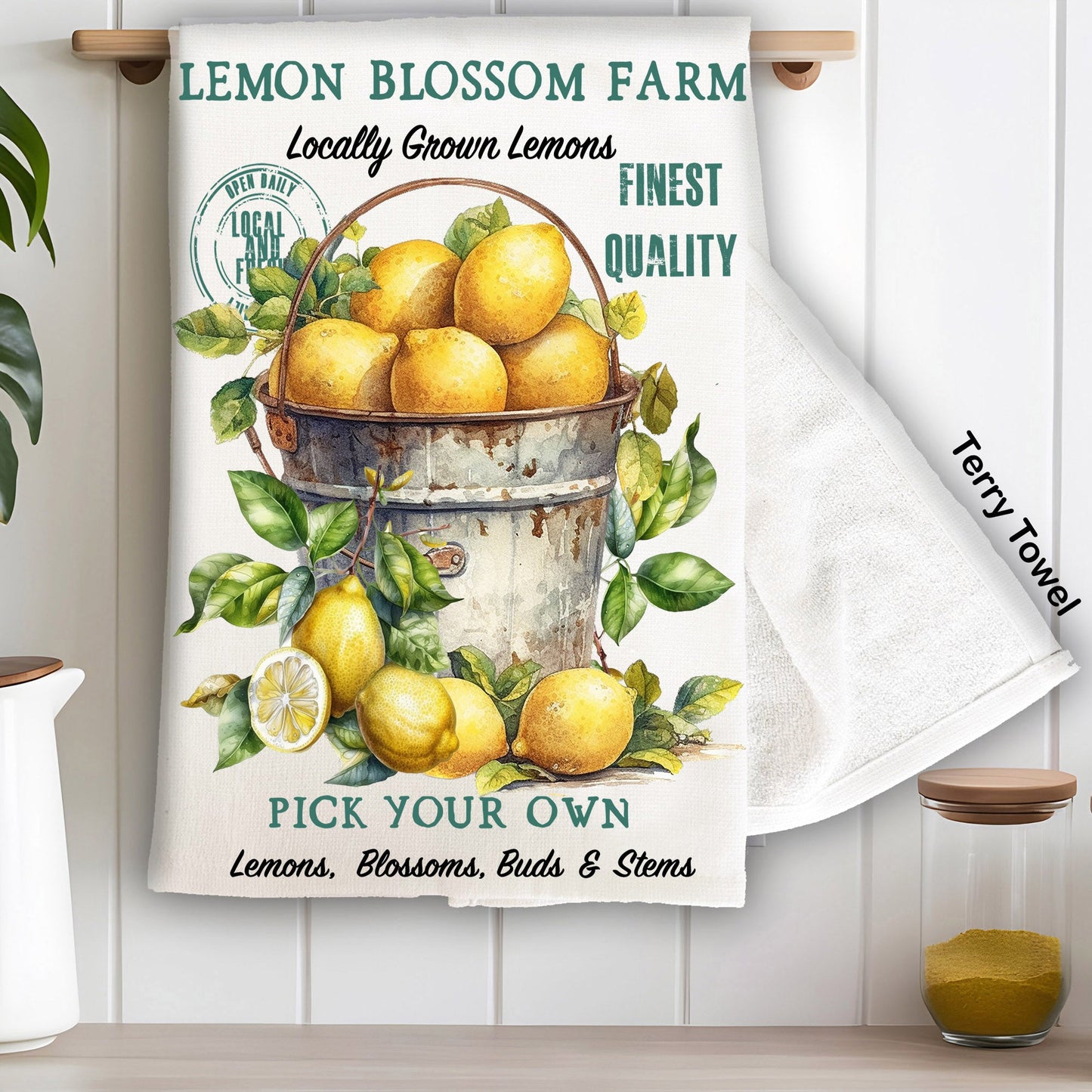 Bucket of Lemon Blossom Farm Kitchen Terry Towel