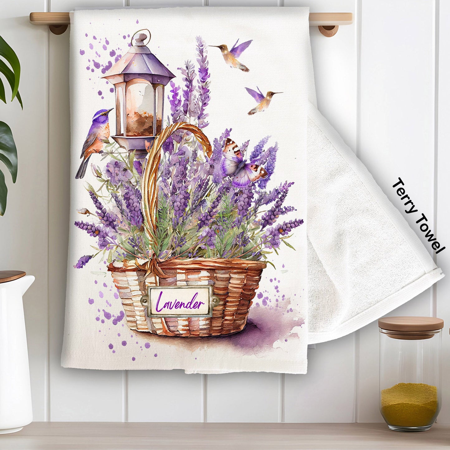 Basket of Lavender Humming Birds Kitchen Terry Towel