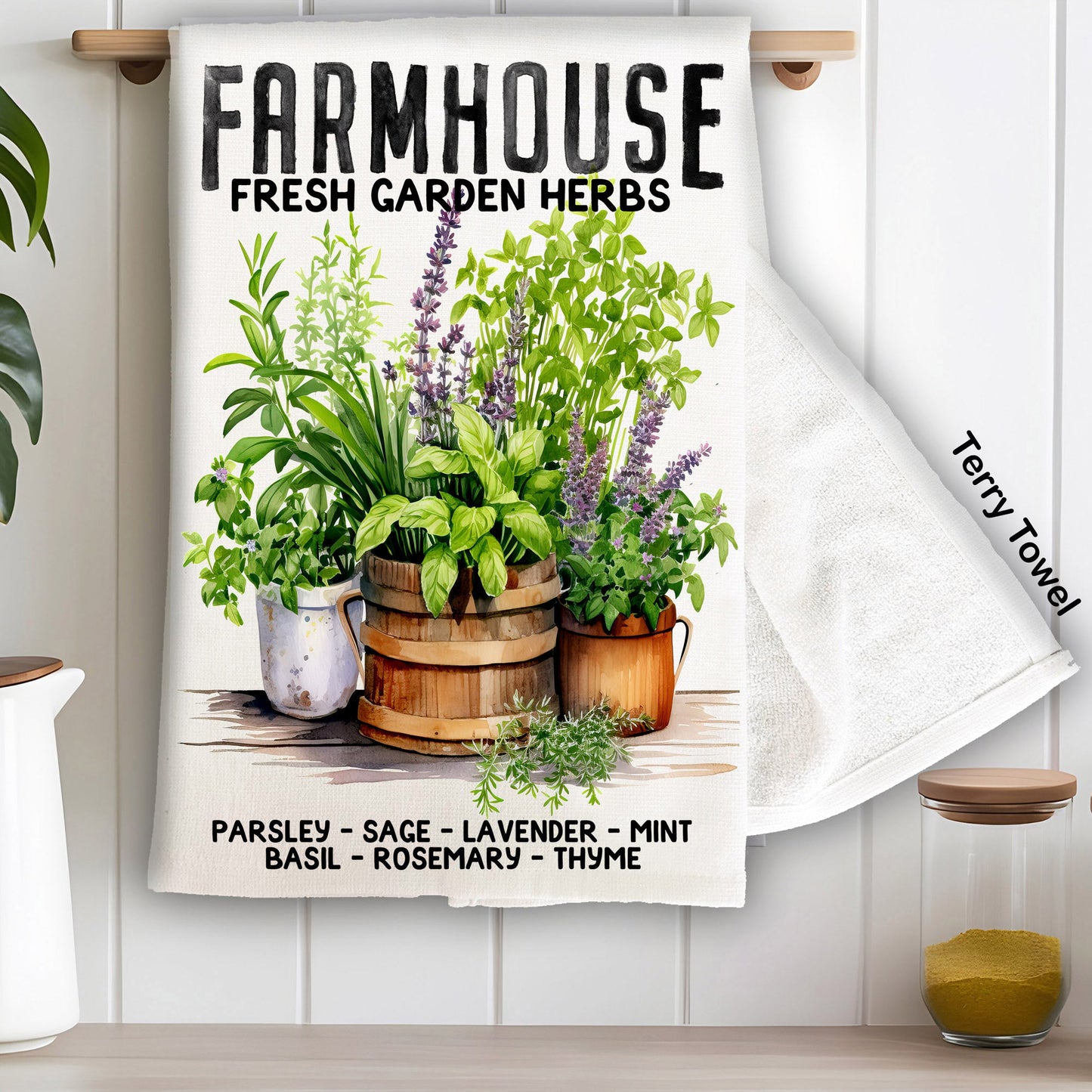 Farmhouse Fresh Herbs Basil, Thyme Kitchen Terry Towel