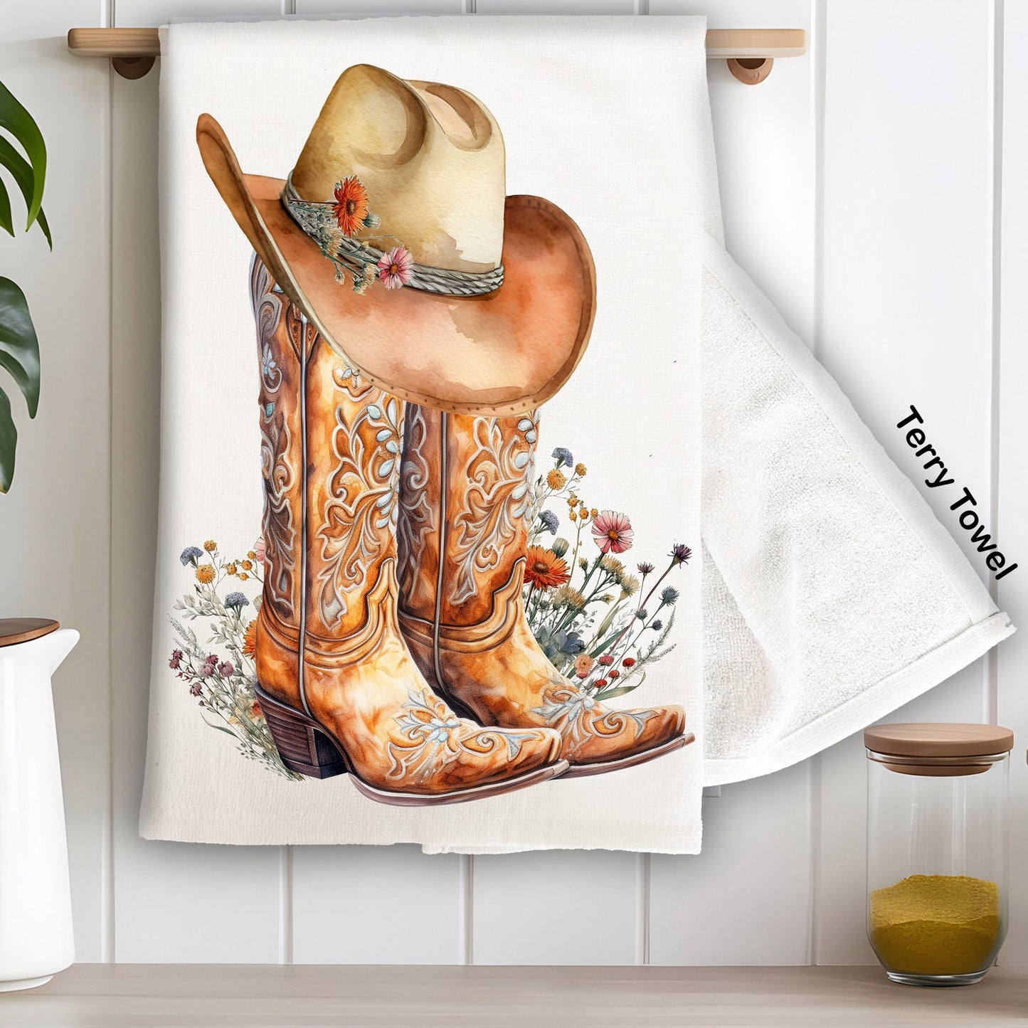 Western Cowboy Boots Country Flowers Kitchen Terry Towel
