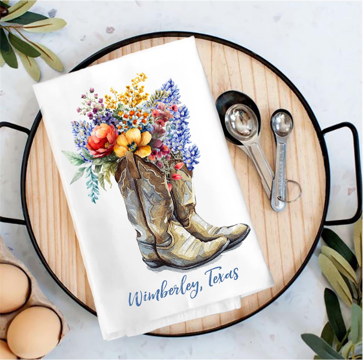 Cowboy Boot Colorful Flower "Wimberley, Texas" Tea Towel