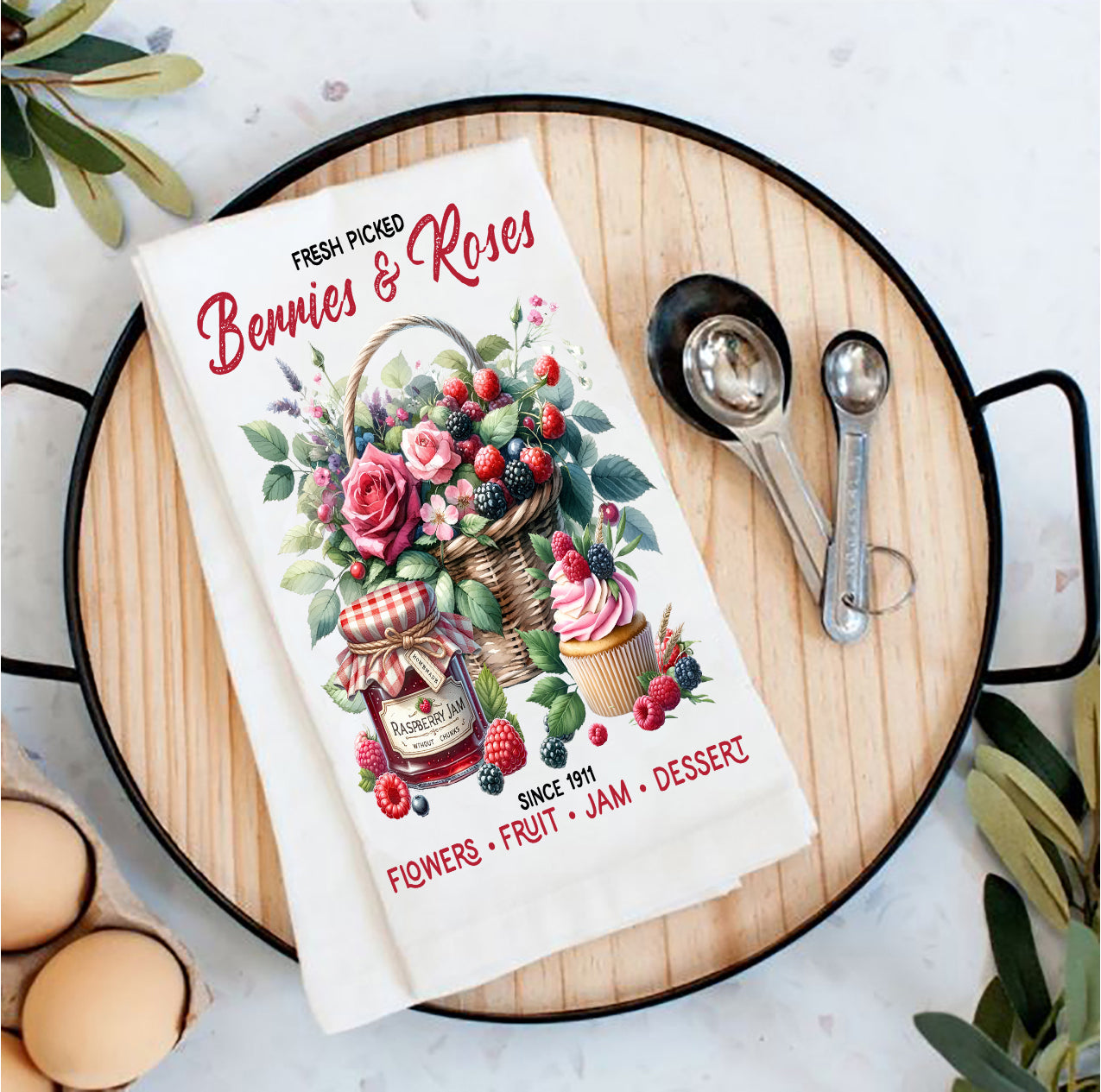 Berries and Roses Farmhouse Tea Towel
