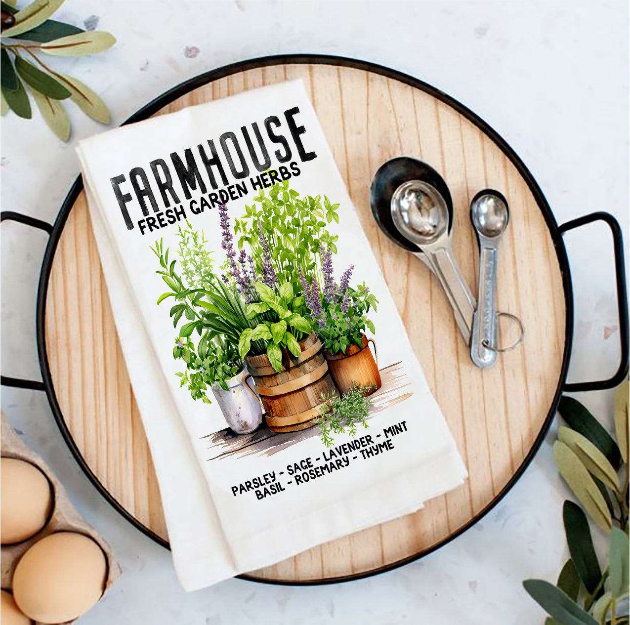Farmhouse Fresh Herbs Basil, Thyme Tea Towel