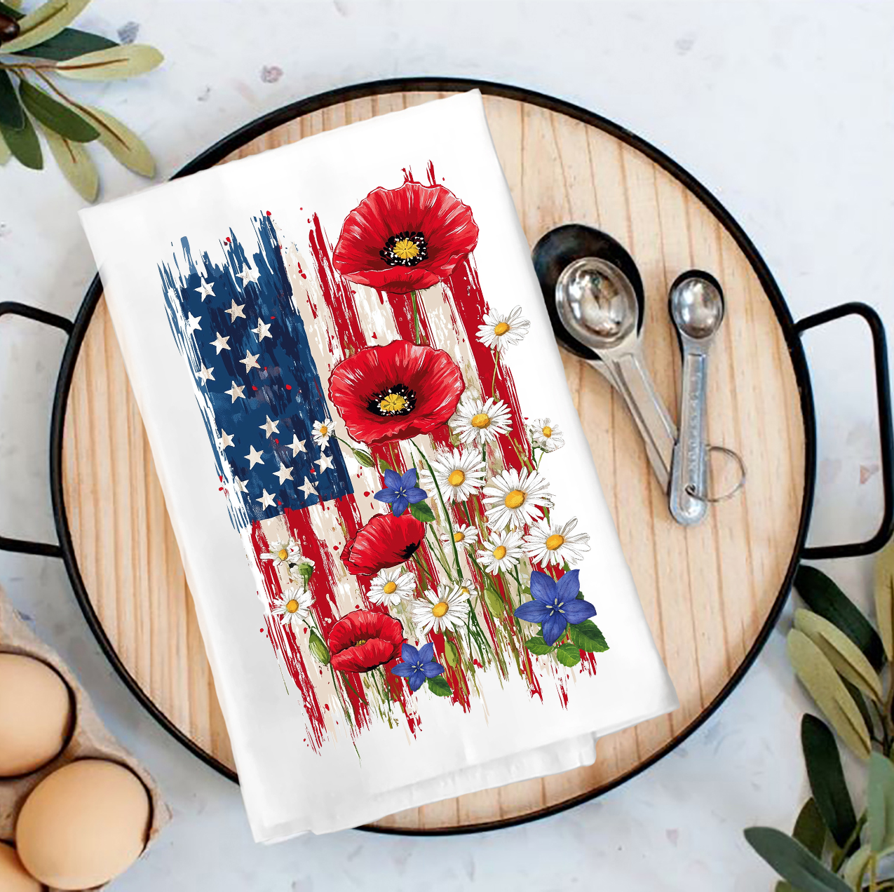 Patriotic American Flag Flowers Tea Towel