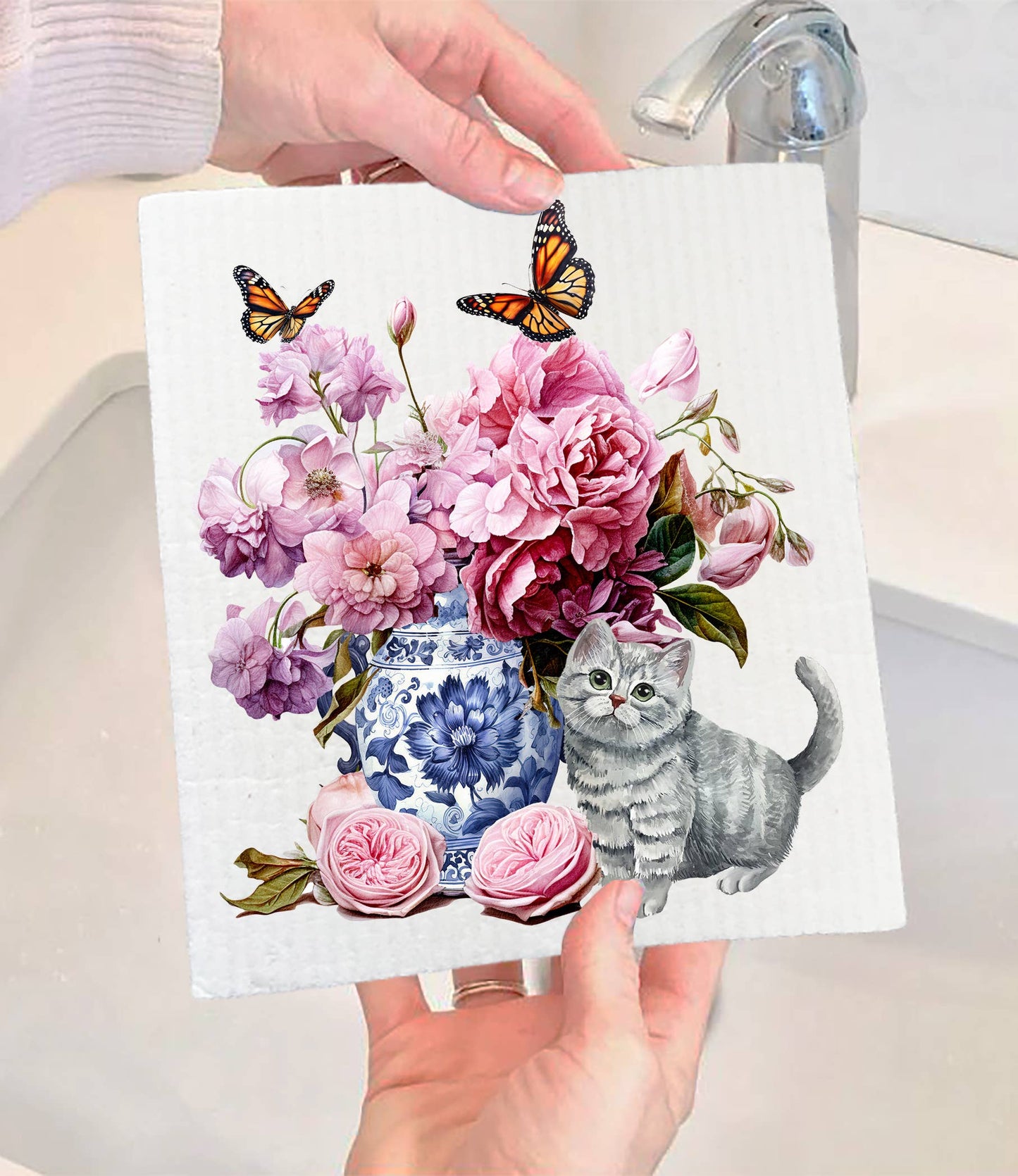 Set of 2 - Grey Kitten Flowers Vase Butterflies SWEDISH DISH CLOTH