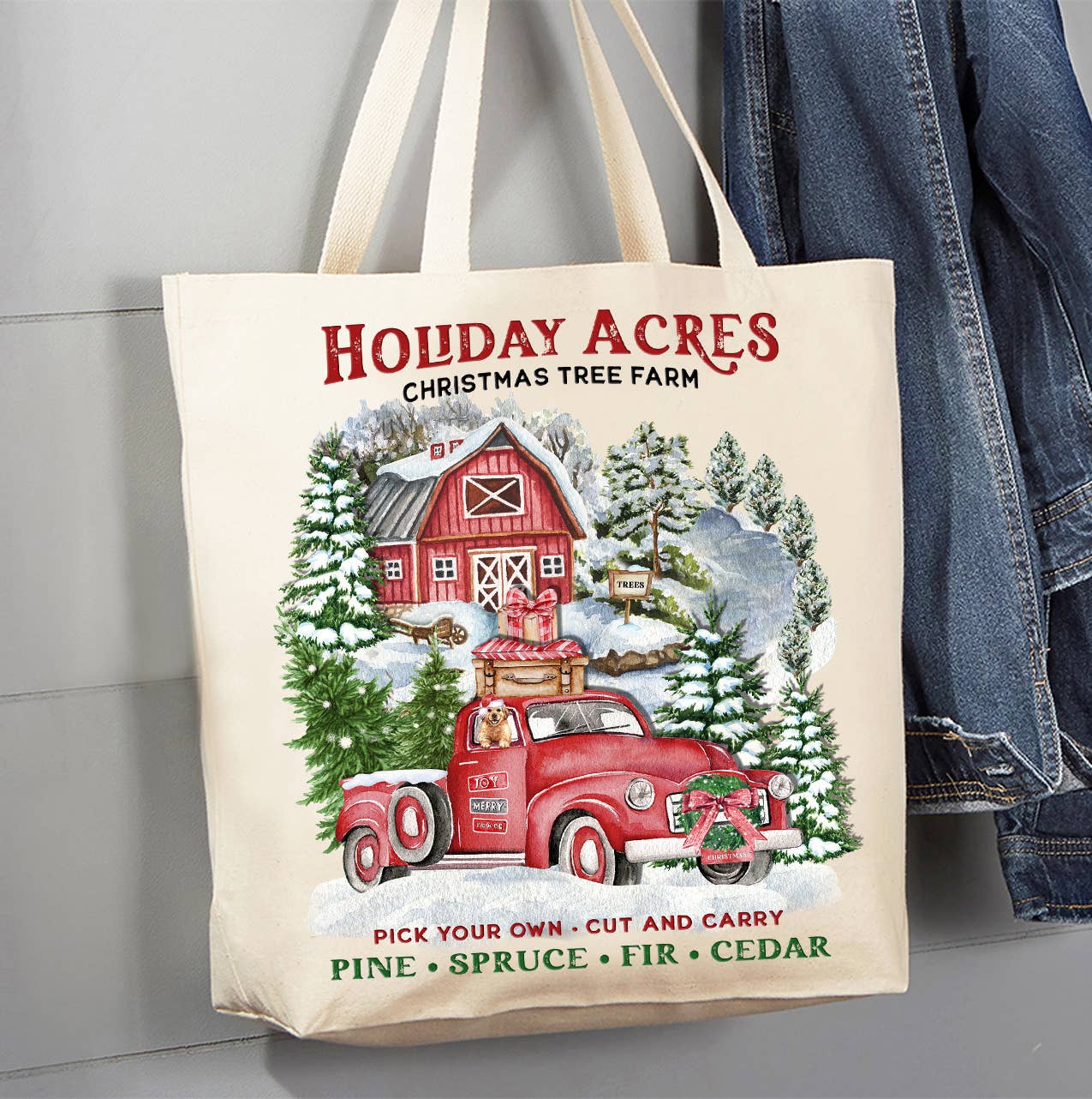 Christmas Holiday Acres Tree Farm Canvas Tote Bag