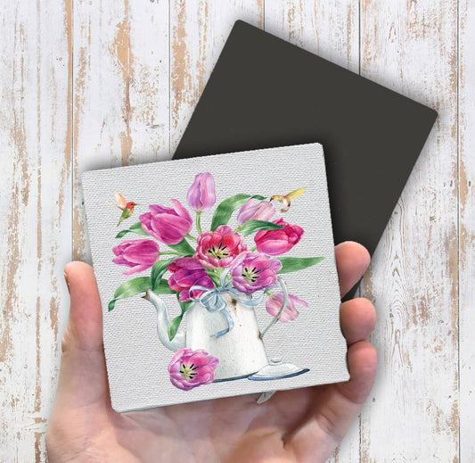 Spring Garden Tulips Hummingbirds Magnet Fridge - Sets of 2
