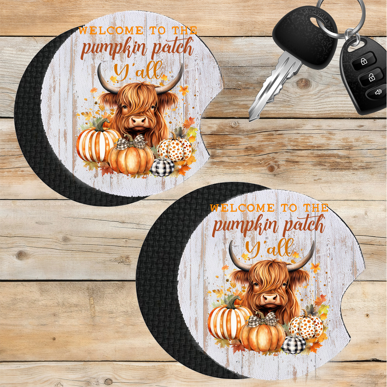 Car Coaster Fall Highland Cow Y'All Pumpkins