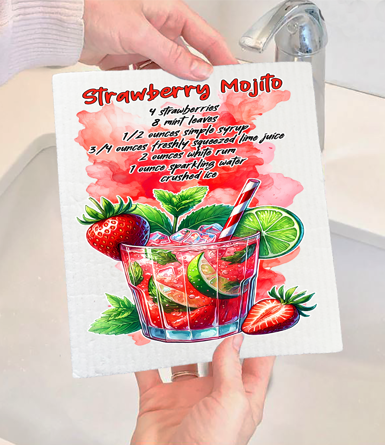 Summer Cocktail Strawberry Mojito Swedish Dishcloth (Set of 2)