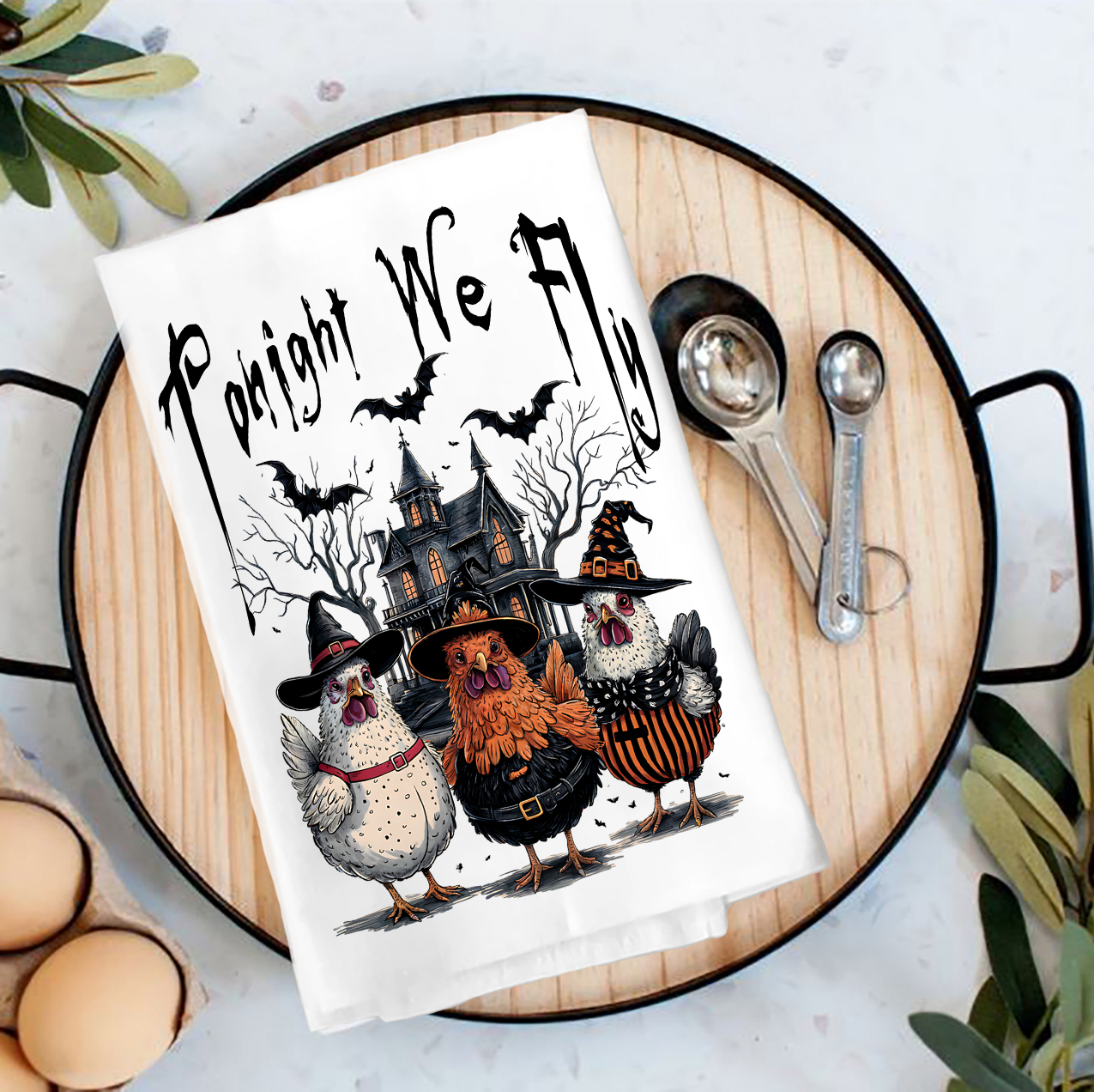 Halloween Chickens Tonight We Fly Tea Towel
